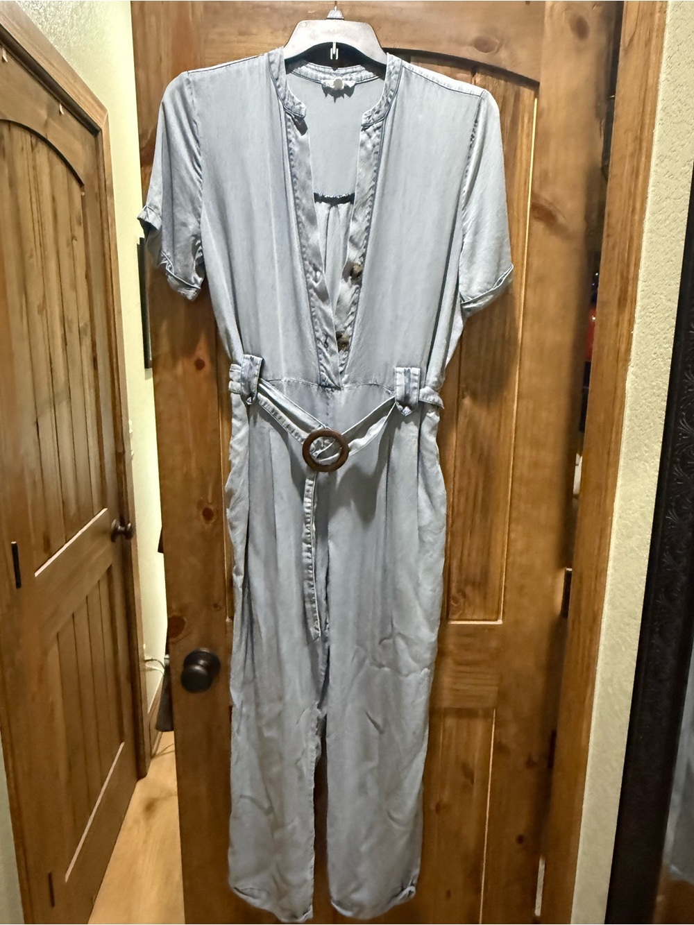Light Blue Short-Sleeve Belted Jumpsuit